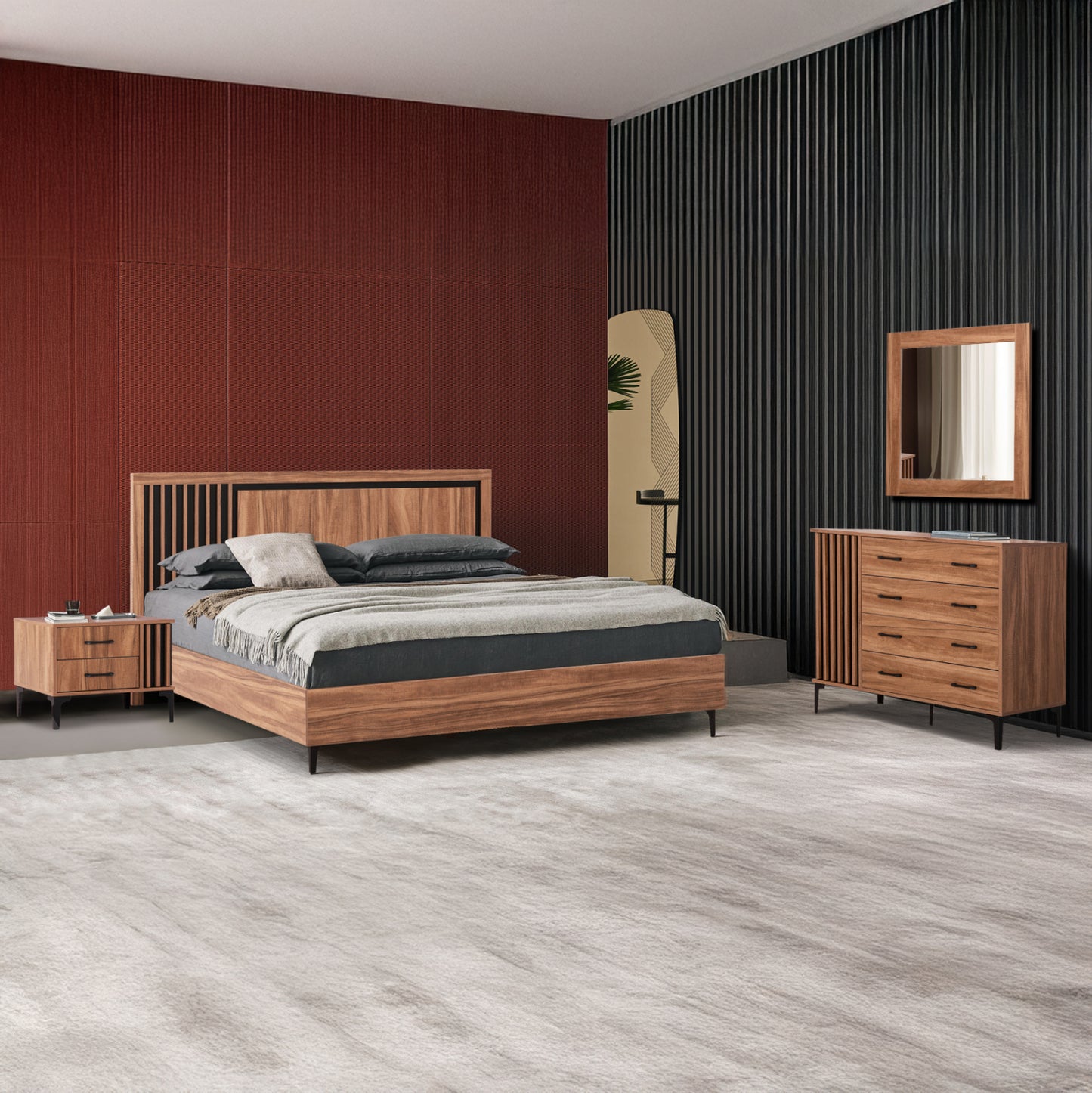 Bedroom Furniture Set 4pcs Harry Hm21115 Melamine In Natural Wood & Black
