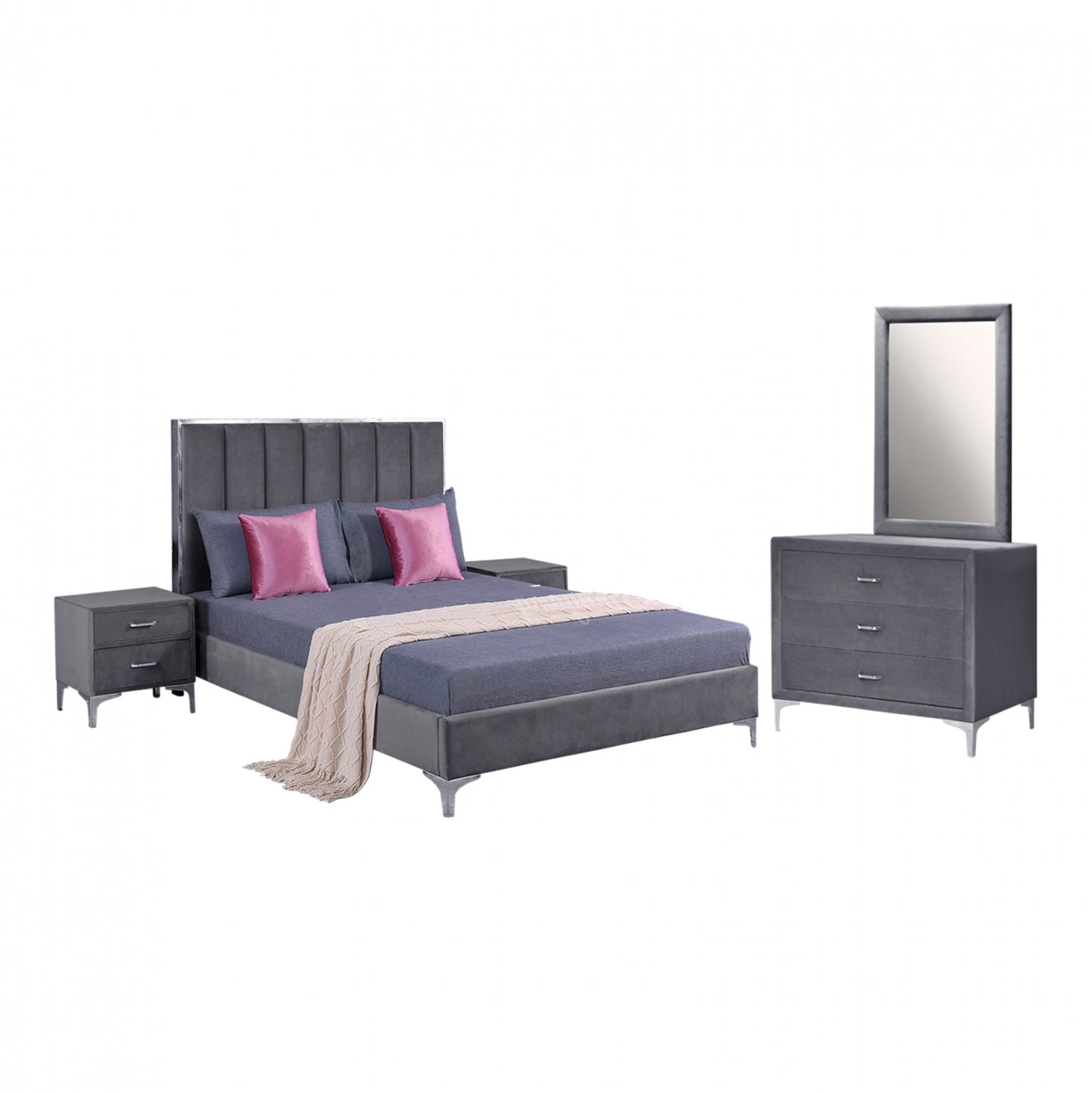 Set Bedroom 4 Pieces Velvet Grey Hm11259.01