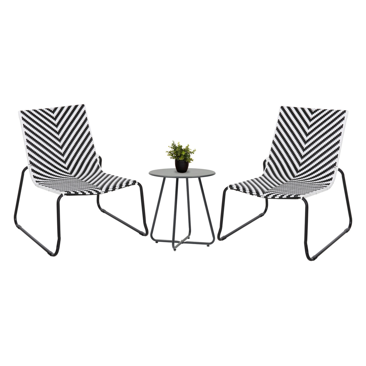 Outdoor Lounge Set 3pcs Pony Metal Coffee Table In Grey-wicker Rattan In Black & White
