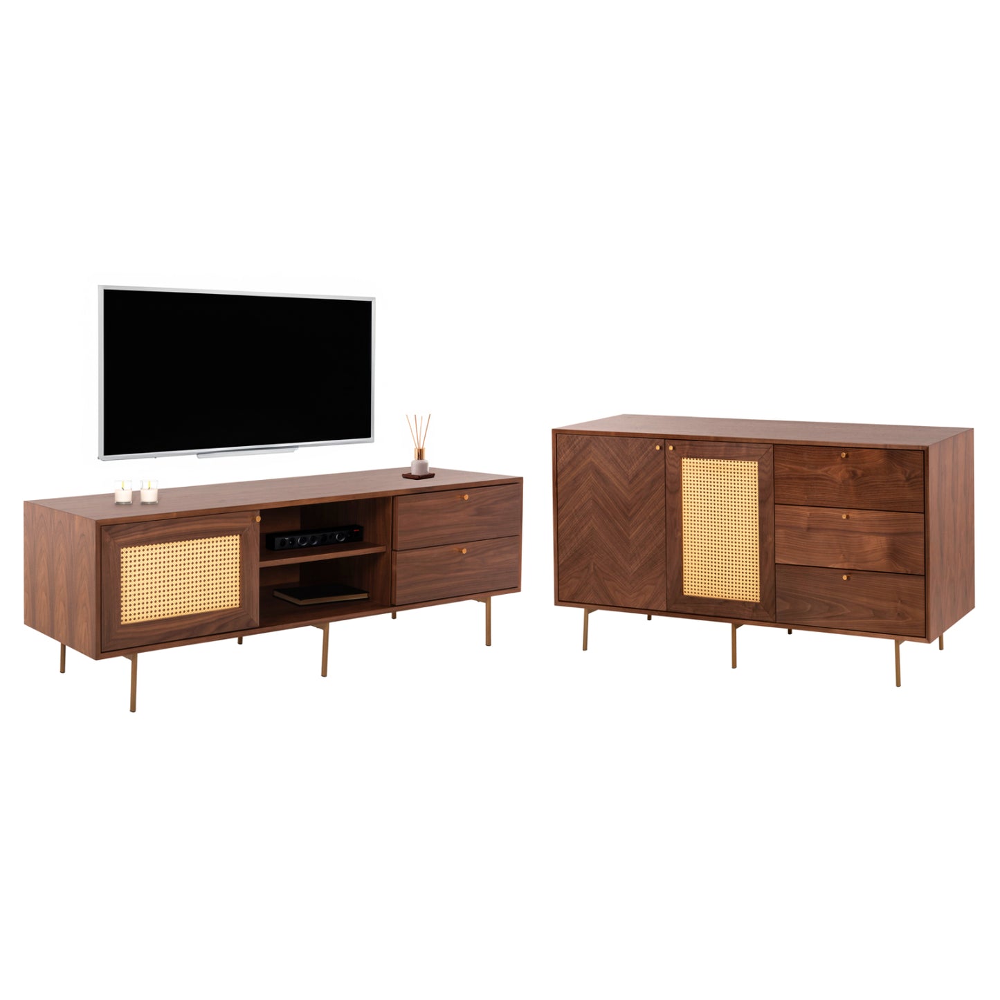 Set 2pcs Sideboard & Tv Stand Meen Hm21343 Mdf With Walnut Wood Veneer