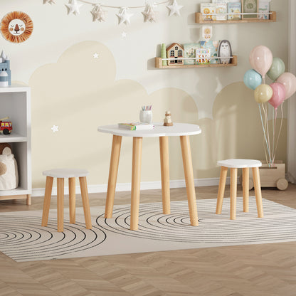 Kids' Set With Table & 2 Stools Snoopy Hm18398.03 Mdf & Birch Wood--white/natural Φ60x50hcm.