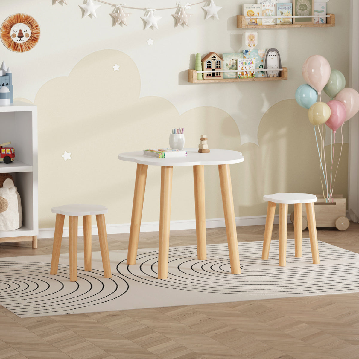Kids' Set With Table & 2 Stools Snoopy Hm18398.03 Mdf & Birch Wood--white/natural Φ60x50hcm.