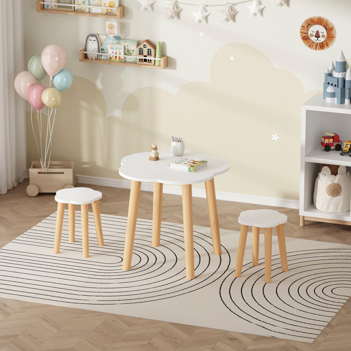 Kids' Set With Table & 2 Stools Snoopy Hm18398.03 Mdf & Birch Wood--white/natural Φ60x50hcm.