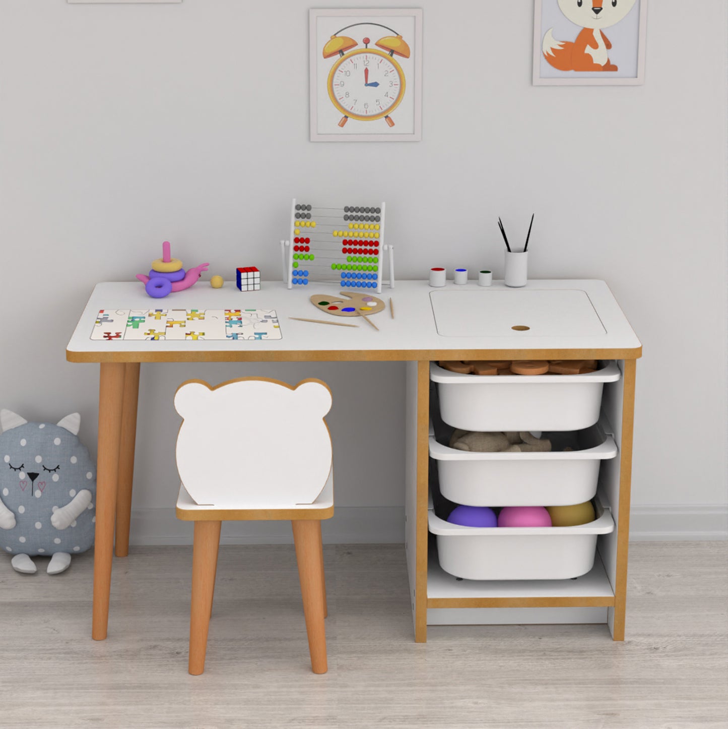 Kids' Desk Set Stak Hm18222.01 Melamine In White-natural Wood 90x42x50hcm.