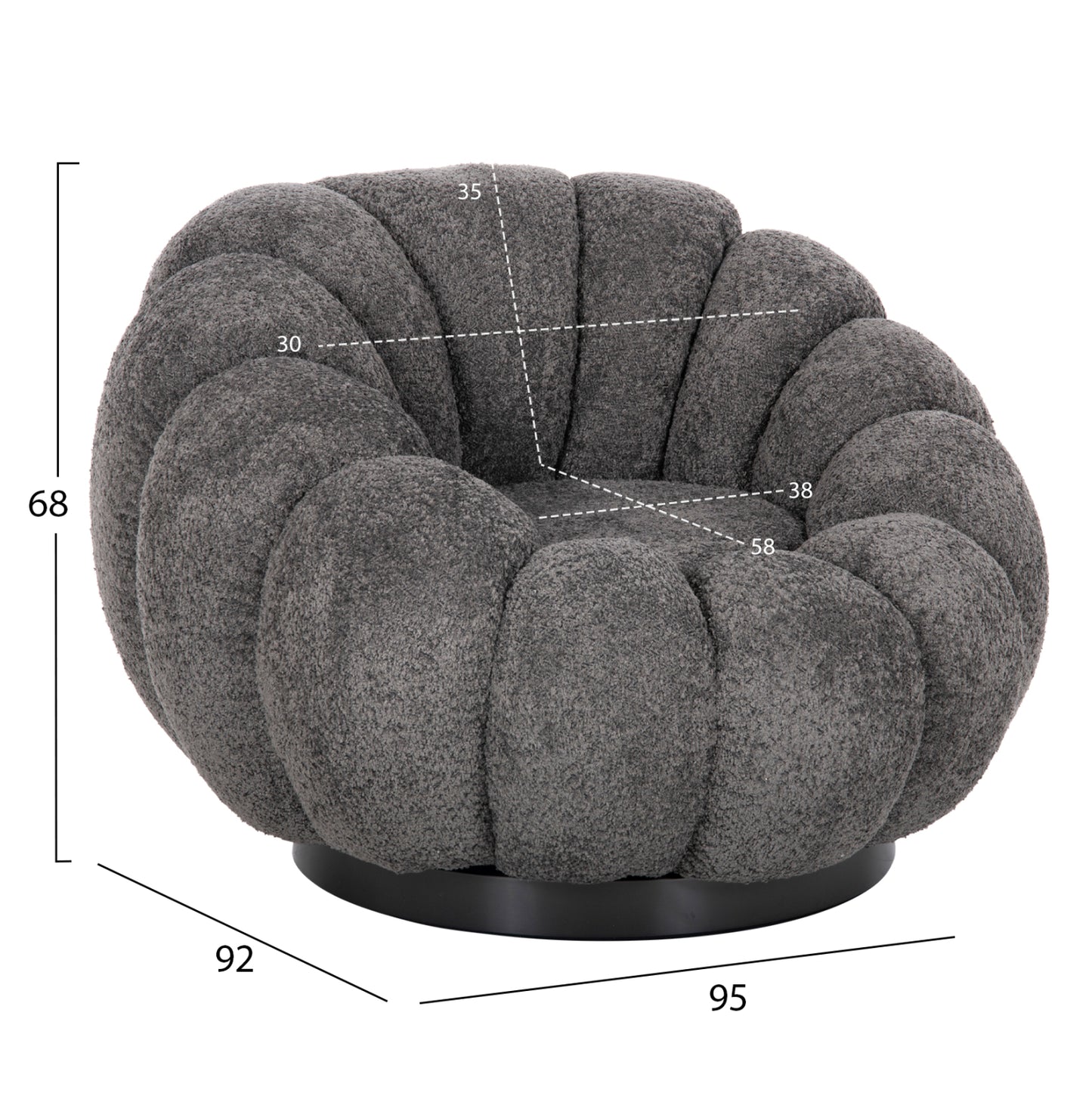 Set Swivelling Armchair With Round Stool Grymm Hm10928.01 Grey Boucle Fabric