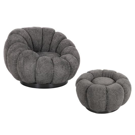 Set Swivelling Armchair With Round Stool Grymm Hm10928.01 Grey Boucle Fabric