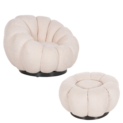 Set Swivelling Armchair With Round Stool Grymm Hm10928.06 Ecru Boucle Fabric