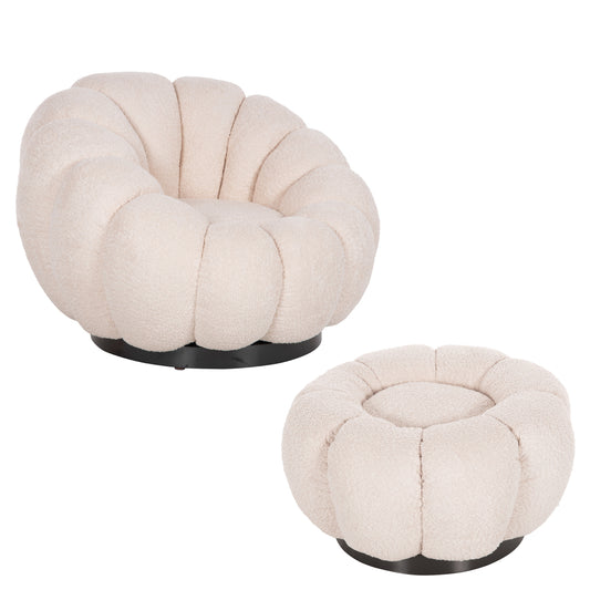 Set Swivelling Armchair With Round Stool Grymm Hm10928.06 Ecru Boucle Fabric