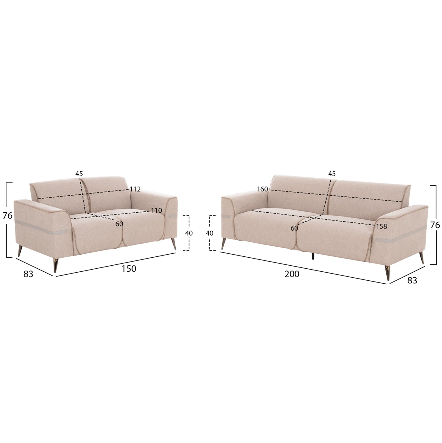 Sofa Set 2pcs Ferin Hm6070.12 Ecru Fabric With Metal Legs