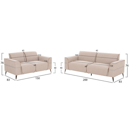 Sofa Set 2pcs Ferin Hm6070.12 Ecru Fabric With Metal Legs