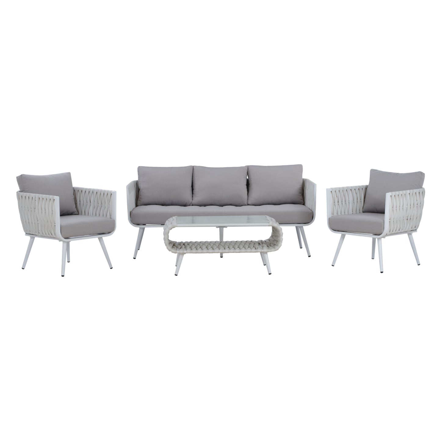 Outdoor Lounge Set 4pcs Varnamo Hm5282.12 Aluminum In White-strap Rope In Grey-tempered Glass