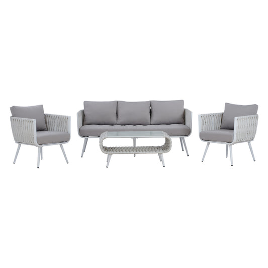 Outdoor Lounge Set 4pcs Varnamo Hm5282.12 Aluminum In White-strap Rope In Grey-tempered Glass