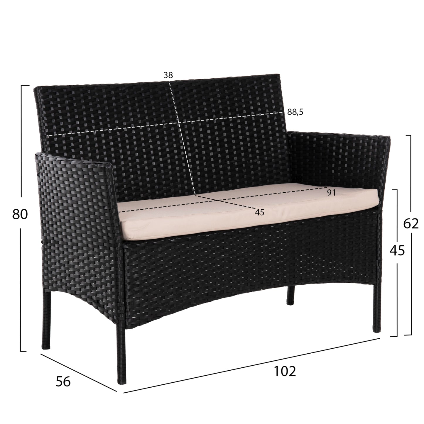 Outdoor Lounge Set 4pcs Stasia Hm6089.01 Synthetic Rattan In Black-cushions In Cappuccino