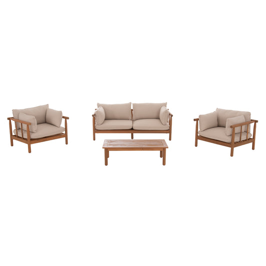 Outdoor Lounge Set 4pcs Elmora Hm6517 Acacia Wood--polyester Cushions Covers In Ecru