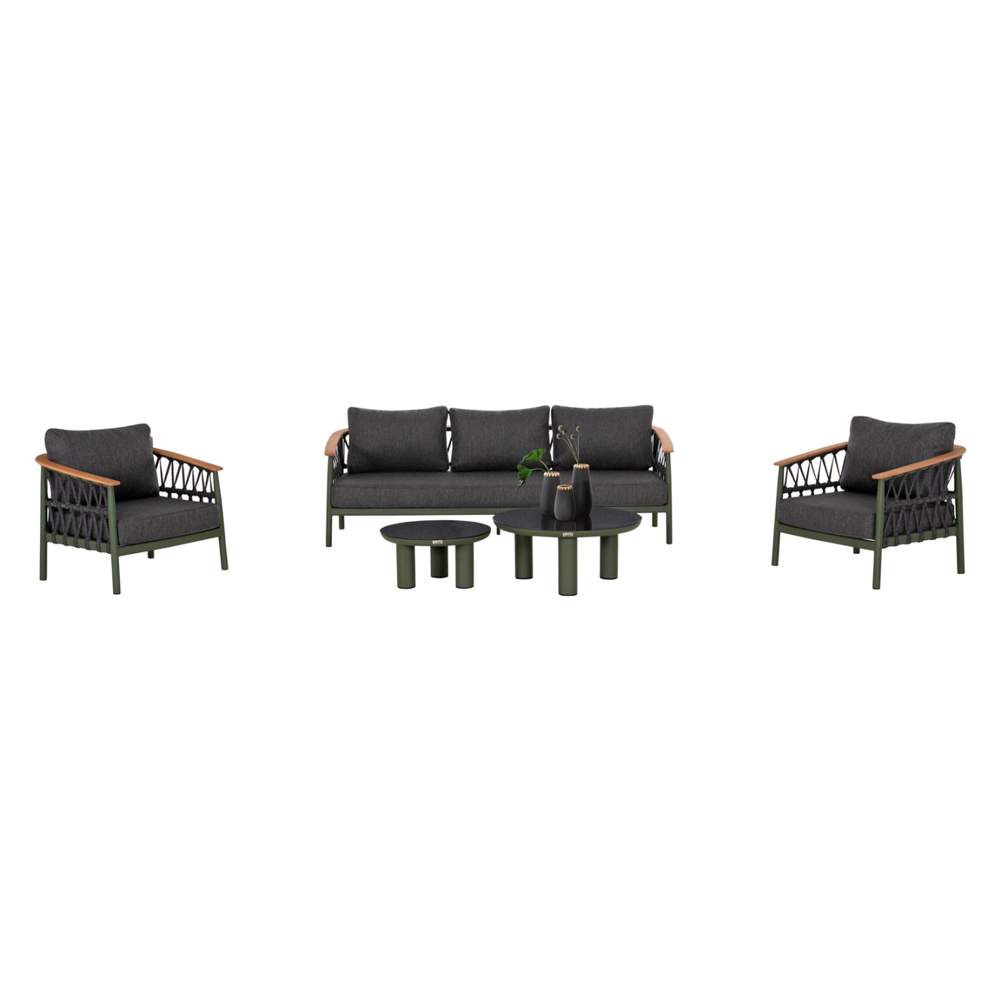 Outdoor Lounge Set 5pcs Stream Hm6426.07 Aluminum In Green-dark Grey Strap Rope & Olefin Fabric