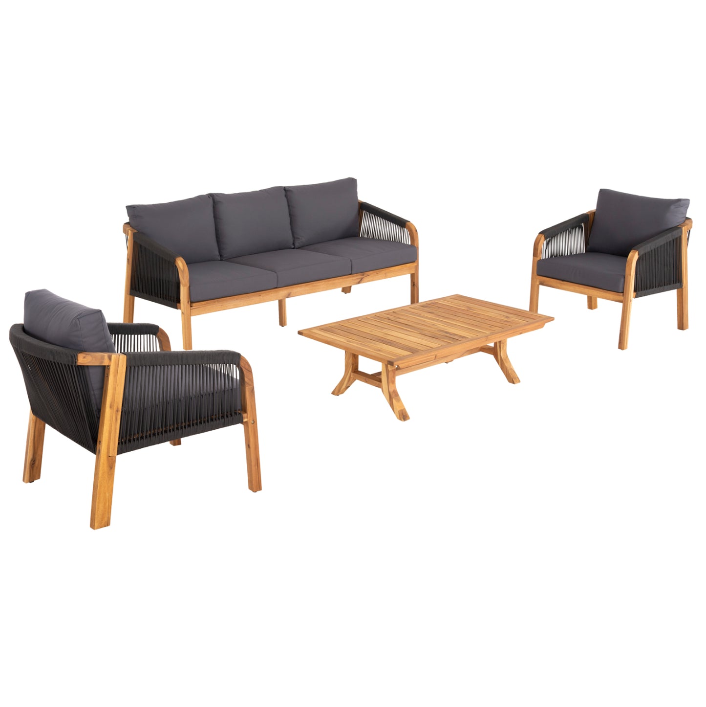 Outdoor Lounge Set 4pcs Rosswell Hm6084.01 Acacia Wood-round Rope & Cushions In Anthracite