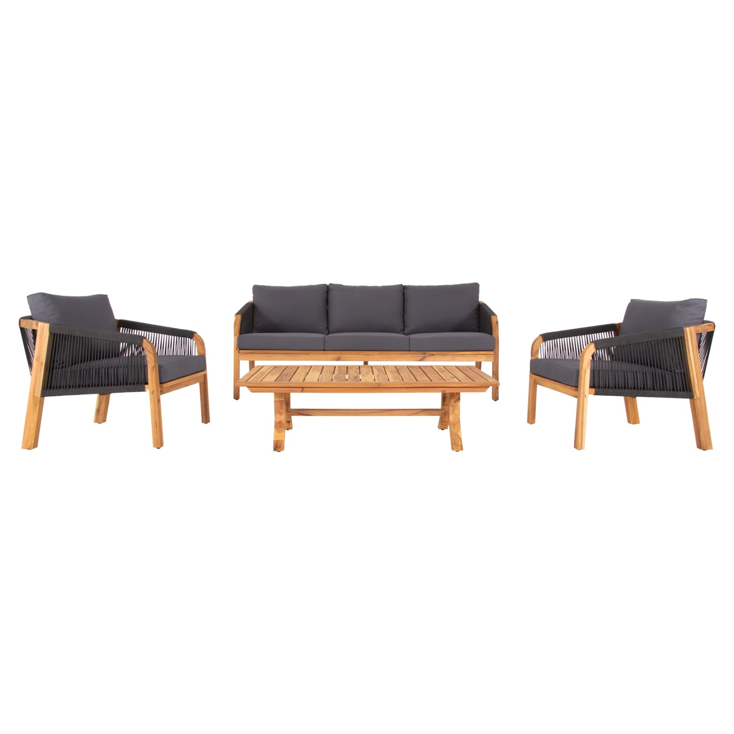 Outdoor Lounge Set 4pcs Rosswell Hm6084.01 Acacia Wood-round Rope & Cushions In Anthracite