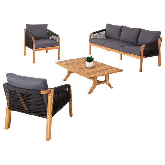 Outdoor Lounge Set 4pcs Rosswell Hm6084.01 Acacia Wood-round Rope & Cushions In Anthracite