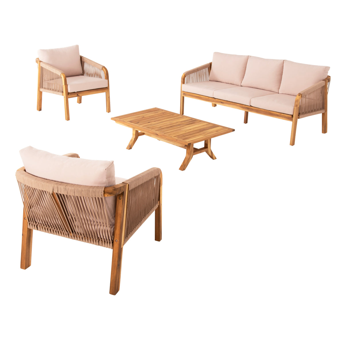 Outdoor Lounge Set 4pcs Rosswell Hm6084.02 Acacia Wood-round Rope-beige Cushions (Copy)