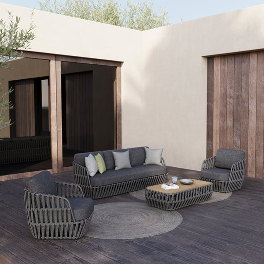 Outdoor Lounge Set 4pcs Sabo Hm6208.01 Dark Grey Aluminum-p.e.rope-olefin Fabric-teak Wood In Natural