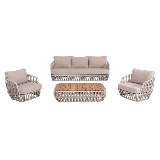 Outdoor Lounge Set 4pcs Sabo Hm6208.02 Cream White Aluminum-beige P.e.rope & Olefin Fabric-teak Wood In Natural