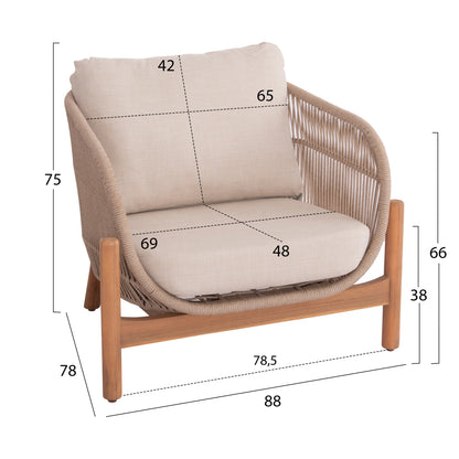 Outdoor Lounge Set 4pcs Sanji Hm6219 Acacia Wood-aluminum Frame-rope