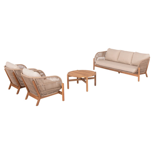 Outdoor Lounge Set 4pcs Sanji Hm6219 Acacia Wood-aluminum Frame-rope