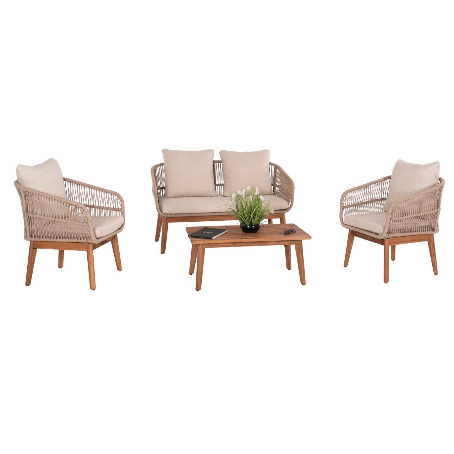 Outdoor Lounge Set 4pcs Franky Hm6231 Acacia Wood-metal Frame-rope