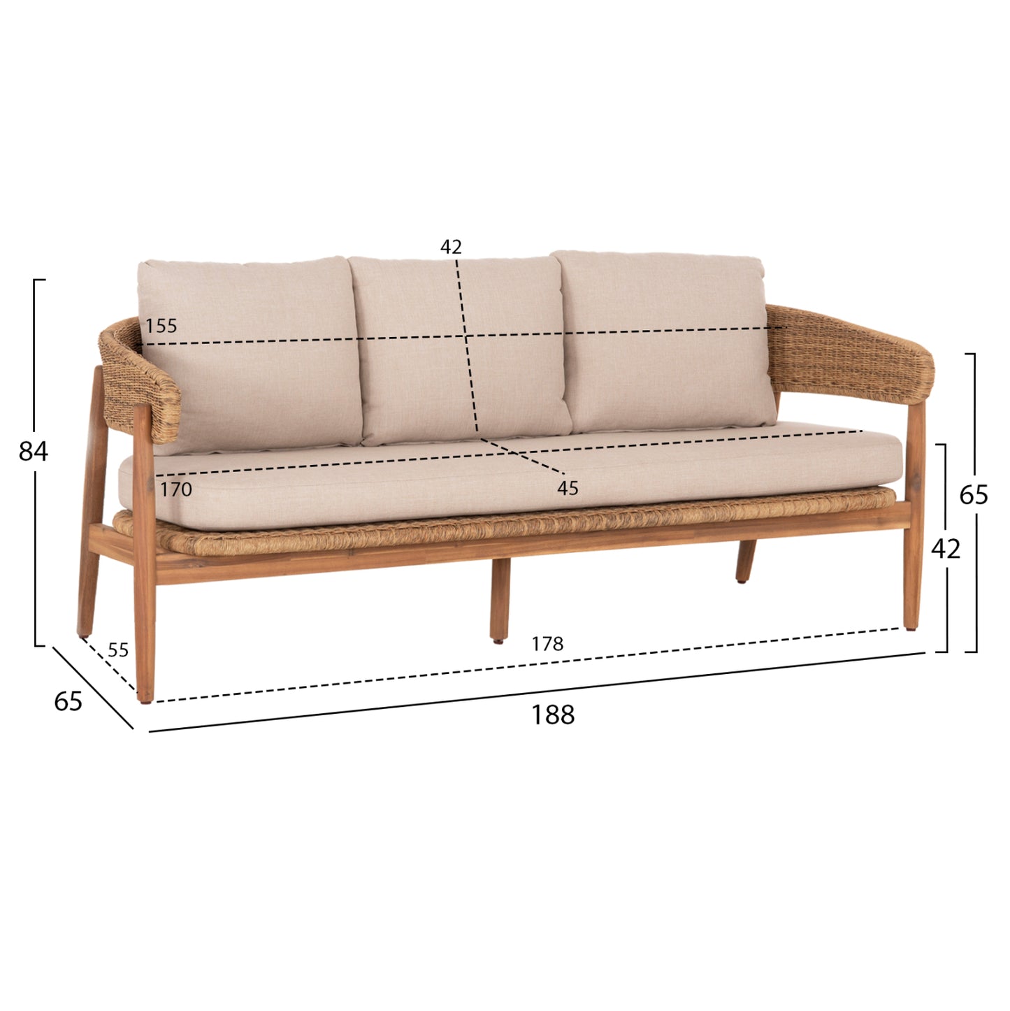 Outdoor Lounge Set 4pcs Terra Hm6449 Acacia Wood-rope--cushions In Beige