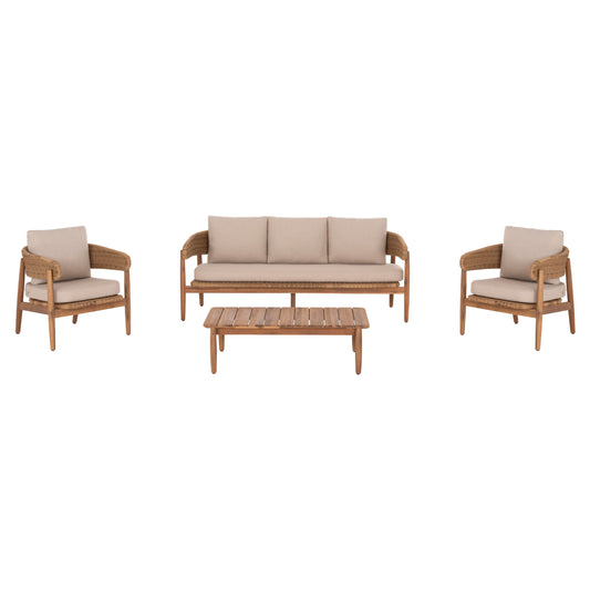 Outdoor Lounge Set 4pcs Terra Hm6449 Acacia Wood-rope--cushions In Beige