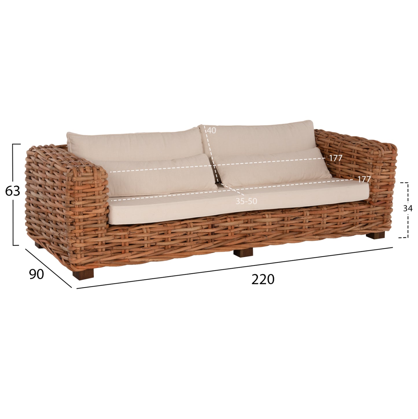Outdoor Lounge Set 4pcs Tropel Hm9656 Natural Rattan-mahogany Wood-white Cushions