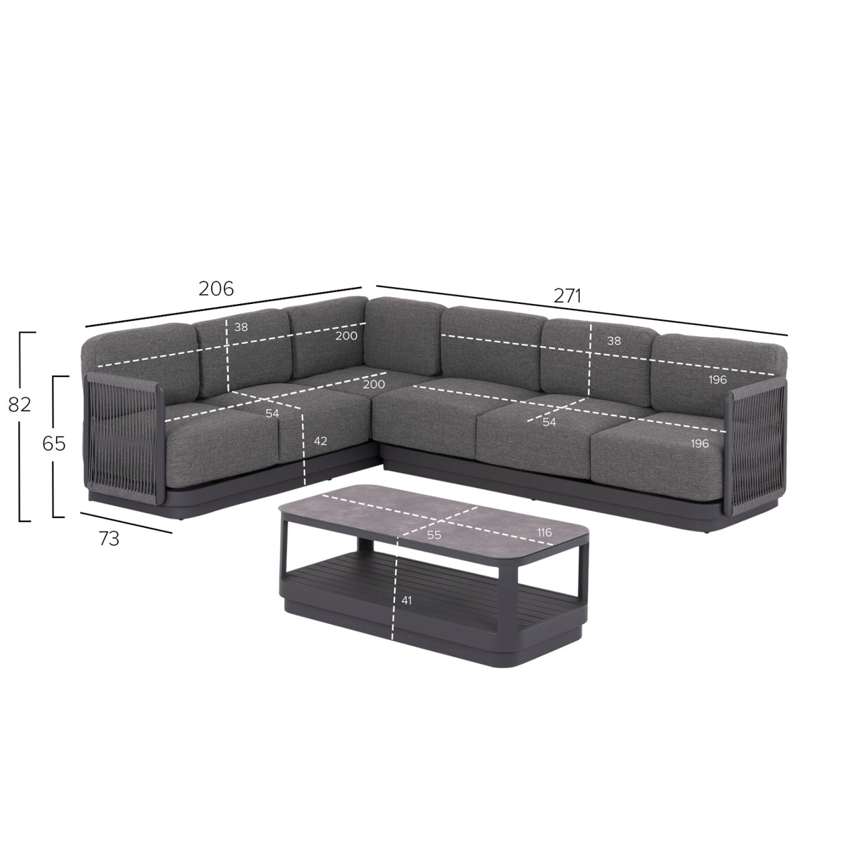 Outdoor Corner Lounge Set 3pcs Elysia Hm6187.01 Dark Grey Aluminum-rope-p.e.fabric