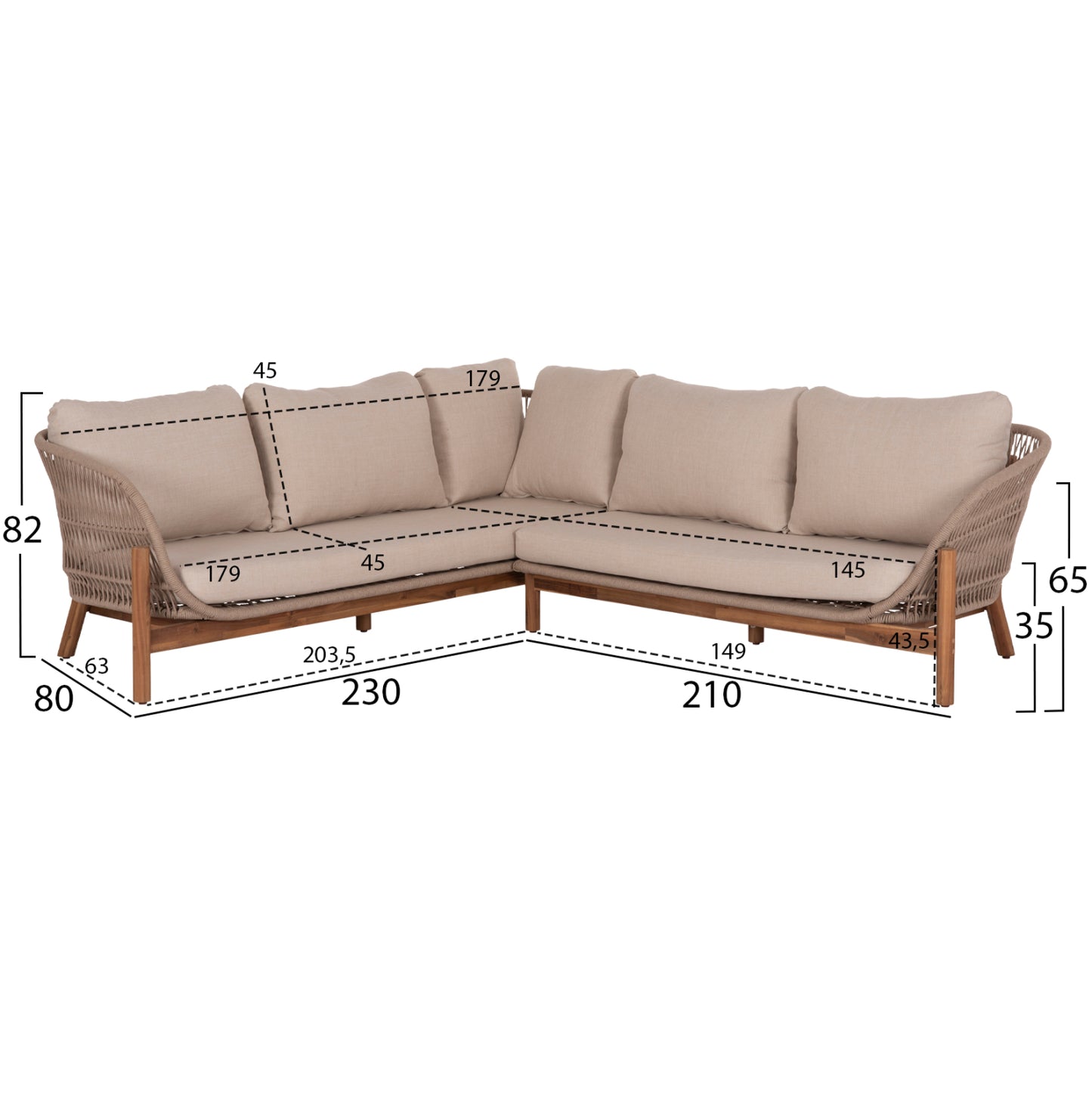 Outdoor Lounge Corner 3pcs Set Sanji Hm6223 Acacia Wood-aluminum Frame-rope