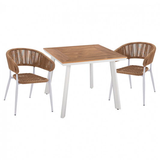 Dining Set 3pcs Aluminum Table 80x80 & White Armchair Hm11442