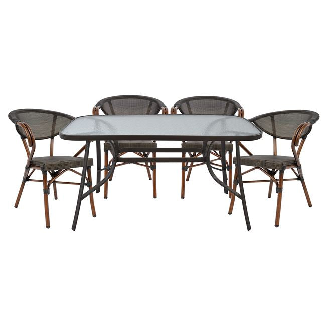 Set Dining Table 5 Pieces Bruno Brown Color & 4 Armchairs Bamboo Look Brown