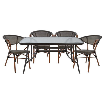 Set Dining Table 5 Pieces Bruno Brown Color & 4 Armchairs Bamboo Look Brown