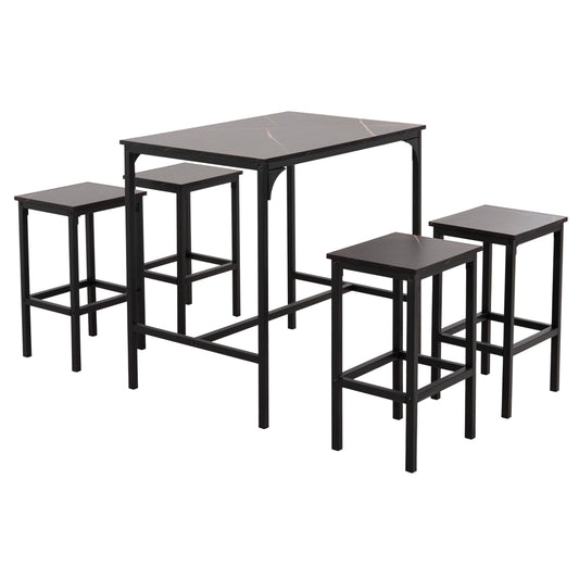 Dining Set For Bars 5pcs Boxy Hm9882.13 Black Metal Frames-black Marble Melamine