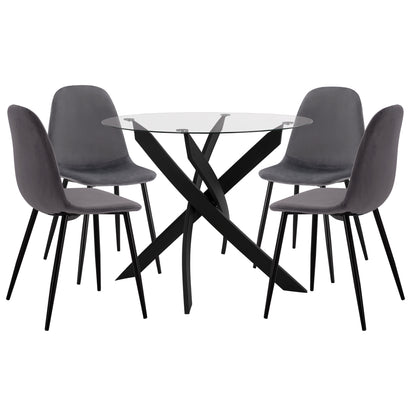 Dining Set 5pcs Hm11095.01 Table With Tempered Glass Φ90x74hcm & 4 Chairs With Grey Velvet