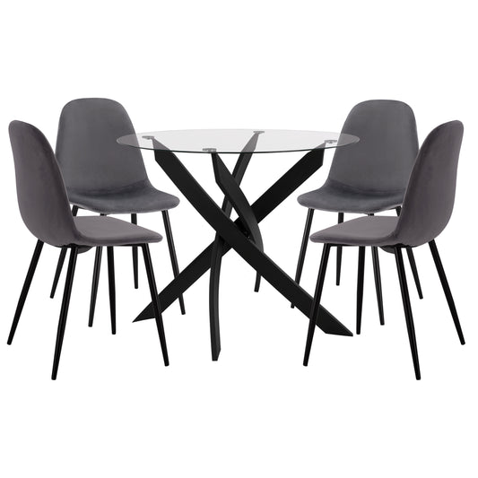 Dining Set 5pcs Hm11095.01 Table With Tempered Glass Φ90x74hcm & 4 Chairs With Grey Velvet