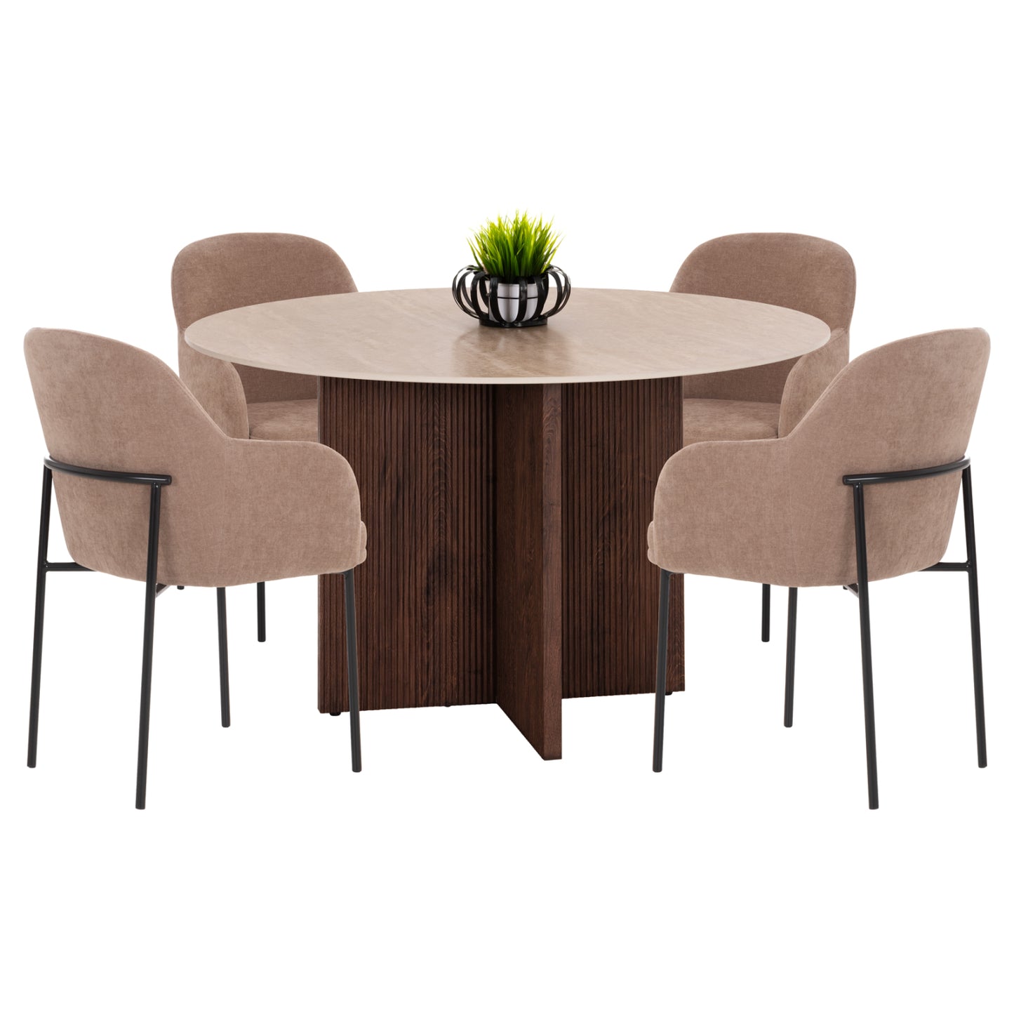Dining Set 5pcs Sky Hm10945.03 Ceramic Top--fabric In Taupe & Black Metal Legs