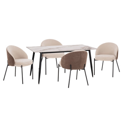 Dining Set 5pcs Detton Hm10951.02 Ceramic Top--fabric In Beige/brown & Black Metal Legs