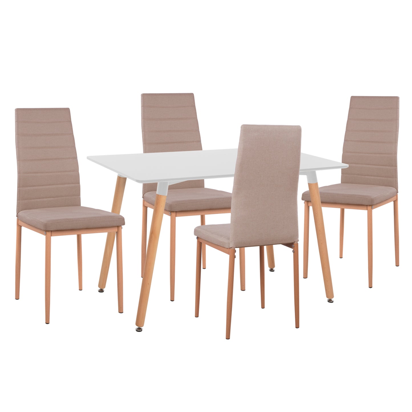 Dining Set 5pcs Minimal Hm11767 White Mdf Top-beige Fabric Chairs