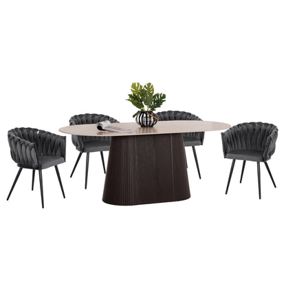 Dining Set 5pcs Cater Hm12118.01 Oval Ceramic Top--grey Velvet