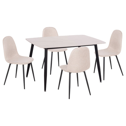 Dining Set 5pcs Raven Hm21068.01 Ceramic Top White Marble--beige Fabric