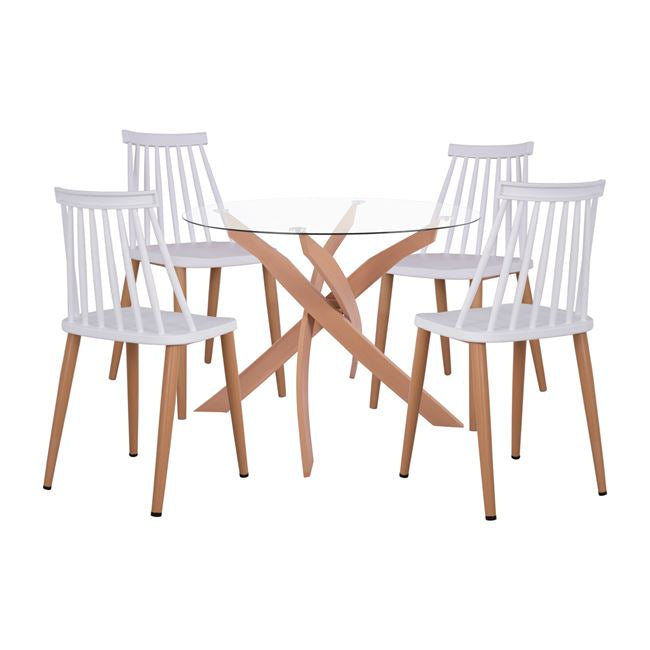 Set Dining Table 5 Pieces Chairs Vanessa White & Metallic Table Round 90x74 Hm11304