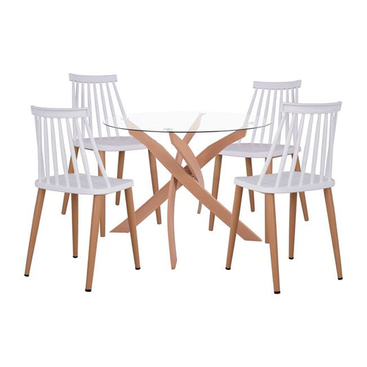 Set Dining Table 5 Pieces Chairs Vanessa White & Metallic Table Round 90x74 Hm11304