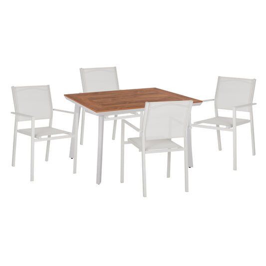 Outdoor Dining Set Hm11836 5pcs Aluminum Polywood Table & Metal Armchairs Textline White