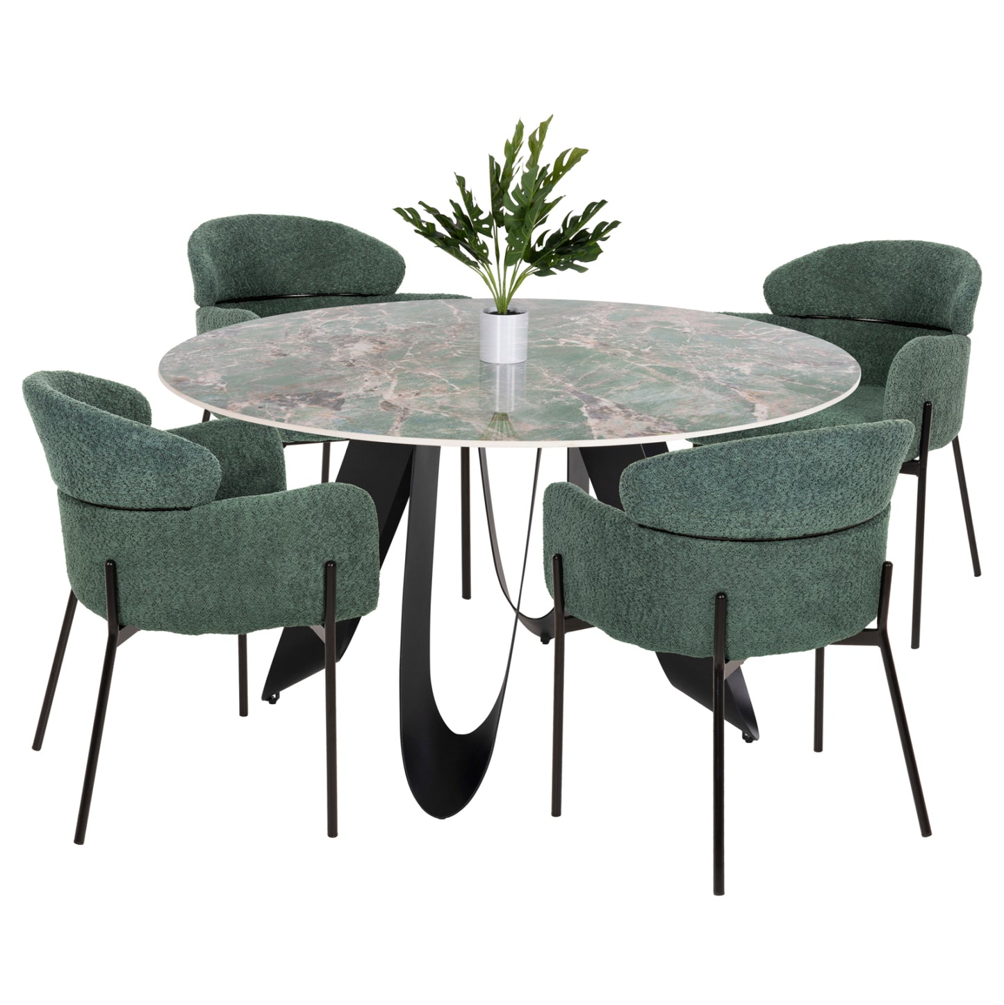 Indoor Dining Set 5pcs Zod Hm21045 Round Table With Ceramic Top-4 Armchairs In Petrol Green