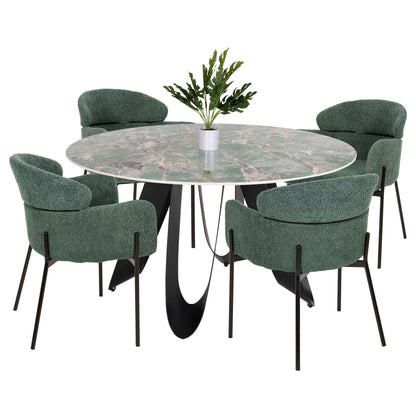 Indoor Dining Set 5pcs Zod Hm21045 Round Table With Ceramic Top-4 Armchairs In Petrol Green