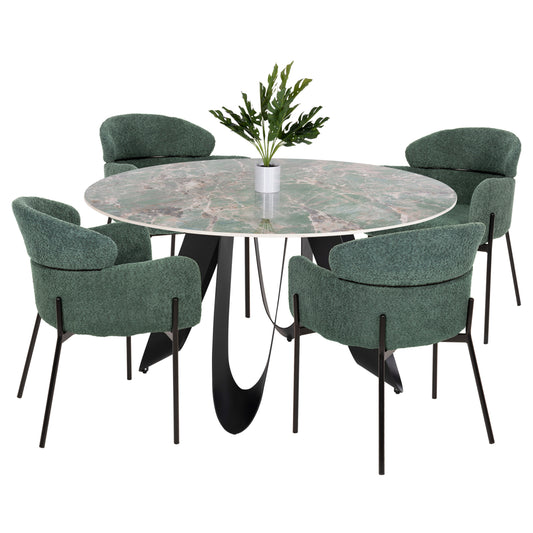 Indoor Dining Set 5pcs Zod Hm21045 Round Table With Ceramic Top-4 Armchairs In Petrol Green